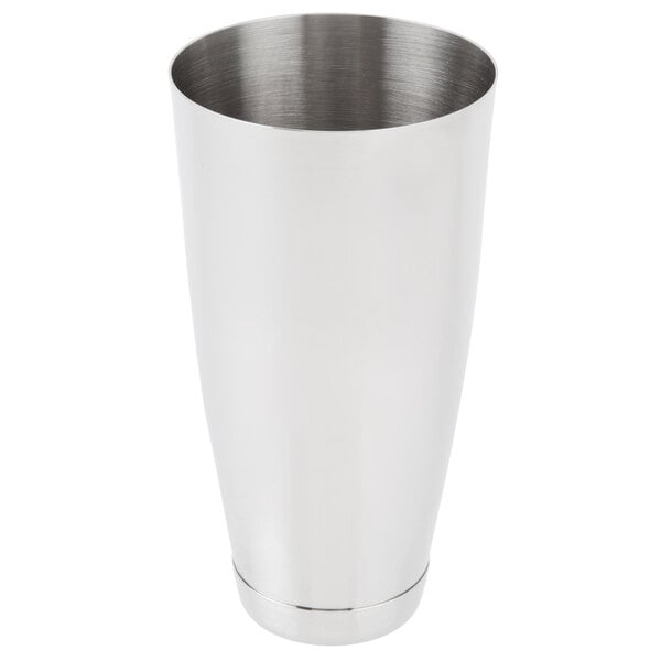 A stainless steel Vollrath cocktail shaker tin.