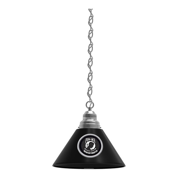 A circular black and white pendant light with a POW/MIA logo hanging from a chain.