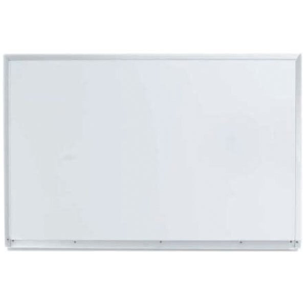 A white Aarco Syncoat magnetic markerboard with an aluminum frame.