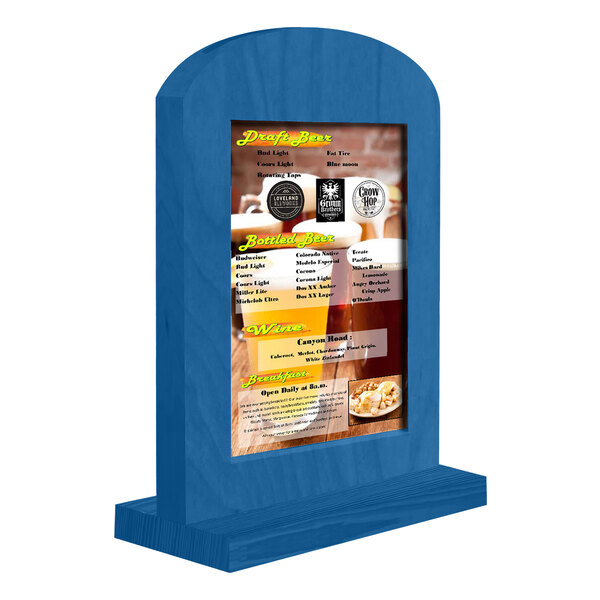 Menu Solutions WTARCH-B 5" x 7" True Blue Arched Wood Menu Tent with Straight Base