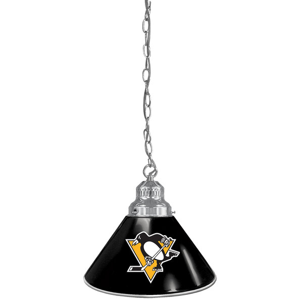 A black and silver cone-shaped pendant lamp with the Pittsburgh Penguins logo on it.