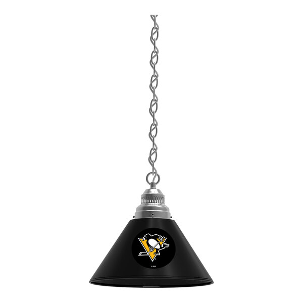 A black Holland Bar Stool Pittsburgh Penguins logo pendant light with chrome accents.