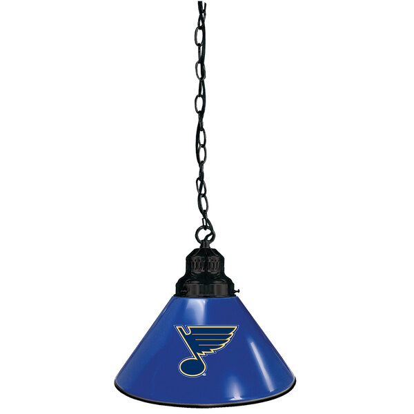 A blue hanging lamp with the St. Louis Blues logo on a black shade.