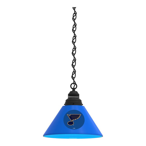 A blue pendant light with a St. Louis Blues logo hanging from a chain.