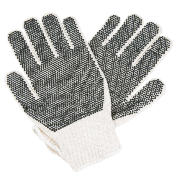 A pair of Cordova work gloves with black PVC dots on the palms.
