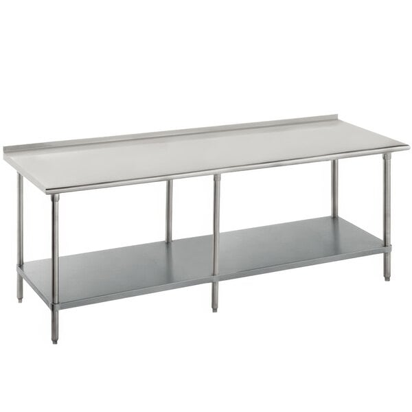 An Advance Tabco stainless steel work table with undershelf.