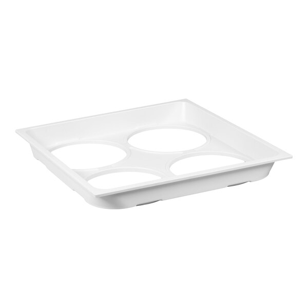 A white plastic 4-hole can holder tray.
