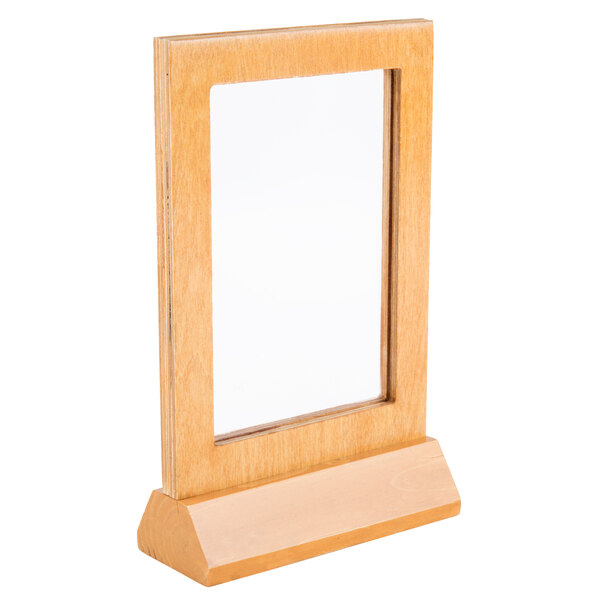 A Menu Solutions country oak wood table tent with a wooden frame.