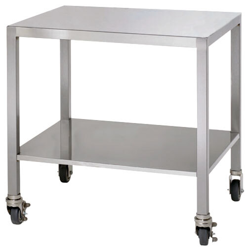 A stainless steel table with wheels designed for the Alto-Shaam Combitherm Mobile Open Front and Back Combi Oven.
