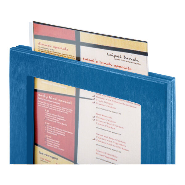 Menu Solutions WTFR-B-2S 5" x 7" True Blue Framed Wood Menu Tent with Angled Base