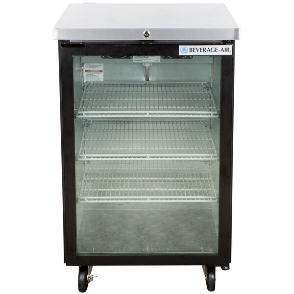 A Beverage-Air black counter height back bar refrigerator with glass doors on wheels.