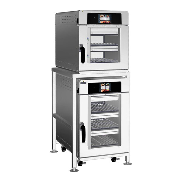 A stacked electric oven package with two separate cooking chambers, each featuring a glass door and digital control panel.
