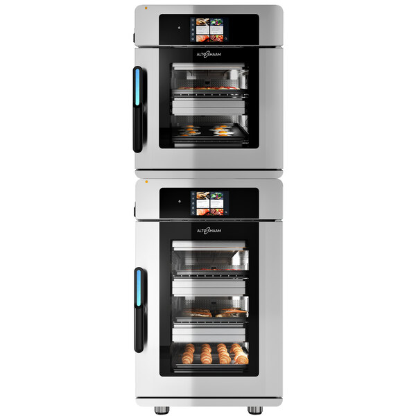 A Canadian Use Alto-Shaam Vector Multi-Cook Oven package with two stacked ovens with food inside.