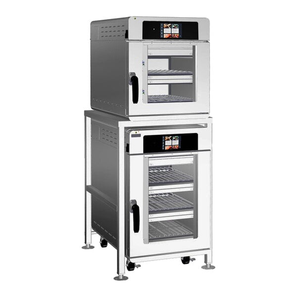 A stacked electric oven package with two separate cooking chambers, each featuring a glass door and digital control panel, designed for commercial kitchen use.