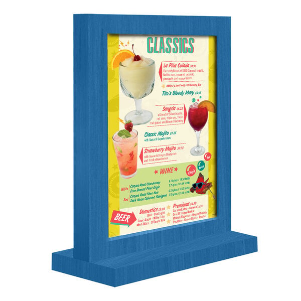 Menu Solutions WTFR-A 4" x 6" True Blue Framed Wood Menu Tent with Straight Base