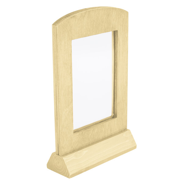 A natural wood framed menu tent with angled base.