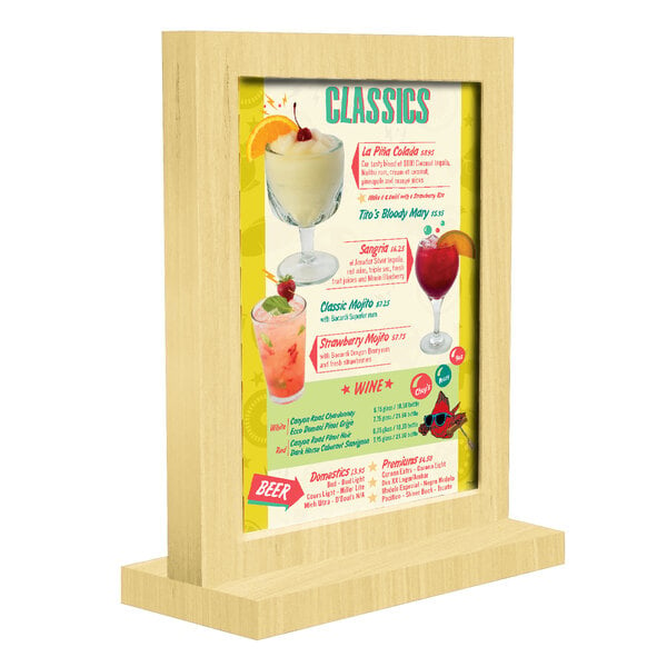 A Menu Solutions natural wood menu tent with a drink menu on it.