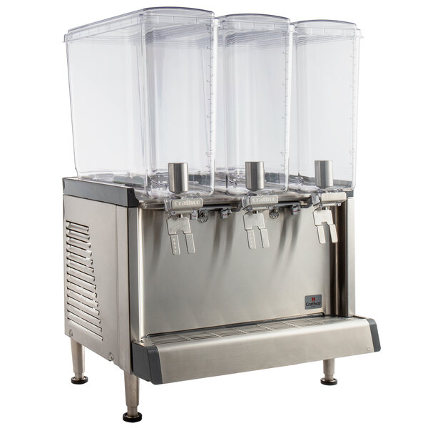 A Crathco refrigerated beverage dispenser with three clear containers.