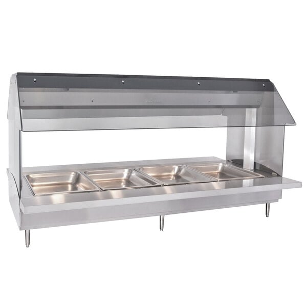 An Alto-Shaam stainless steel electric hot food buffet table with four trays.
