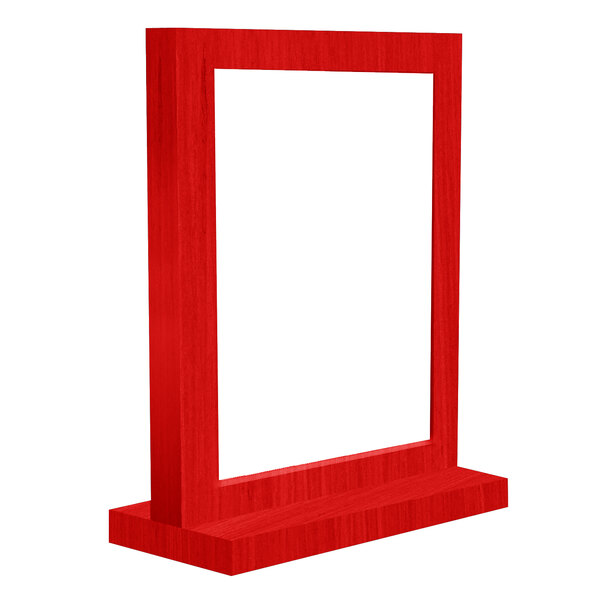 A red rectangular wood menu tent frame with a white background.