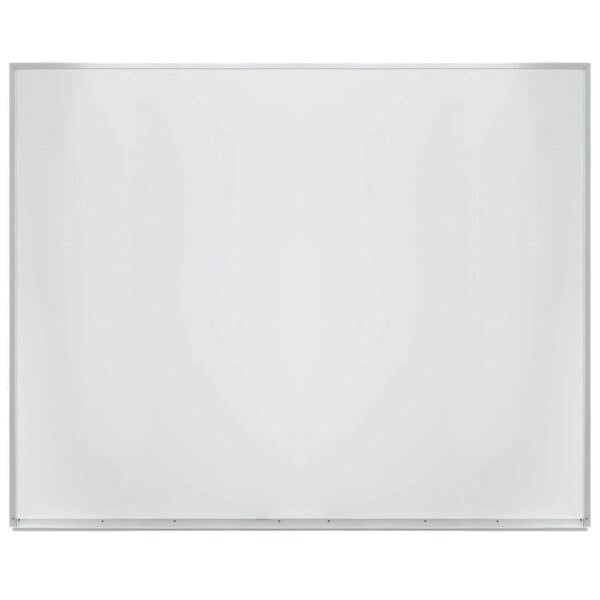 A white board with a white porcelain enamel surface and an aluminum frame.