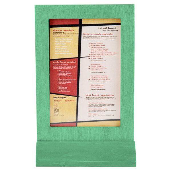 A Menu board with a washed teal wood frame.