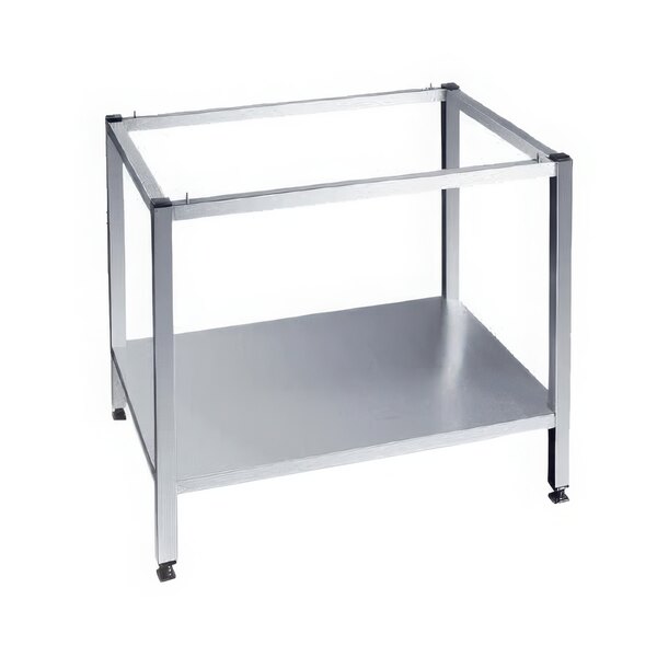 A stainless steel Alto-Shaam mobile combi oven stand with wheels.