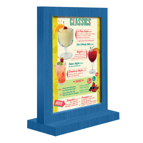 Menu Solutions WTFR-B 5" x 7" True Blue Framed Wood Menu Tent with Straight Base