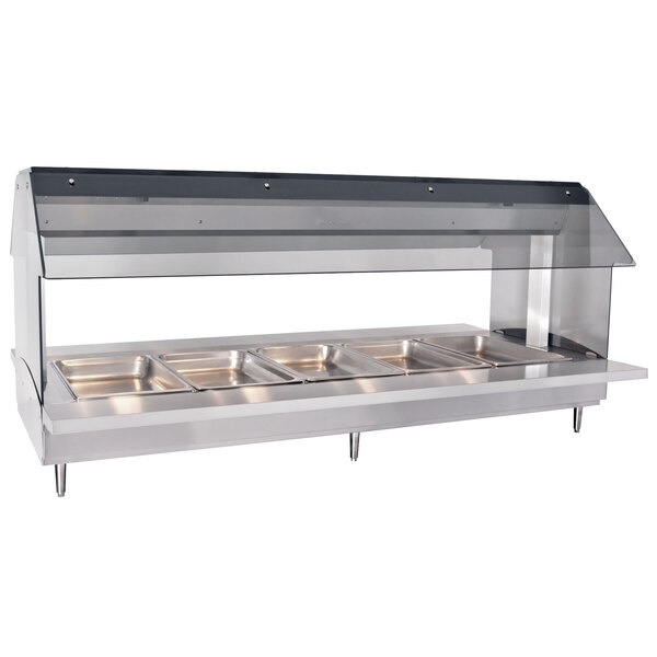 An Alto-Shaam electric stainless steel hot food buffet table with five pans on a counter.