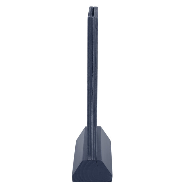 A black rectangular wood menu tent with a denim frame and angled base.