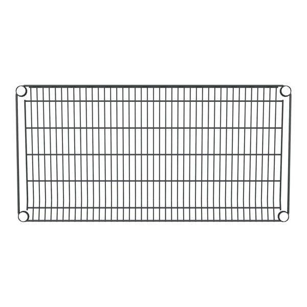 A black wire shelf with metal rods in a grid pattern.