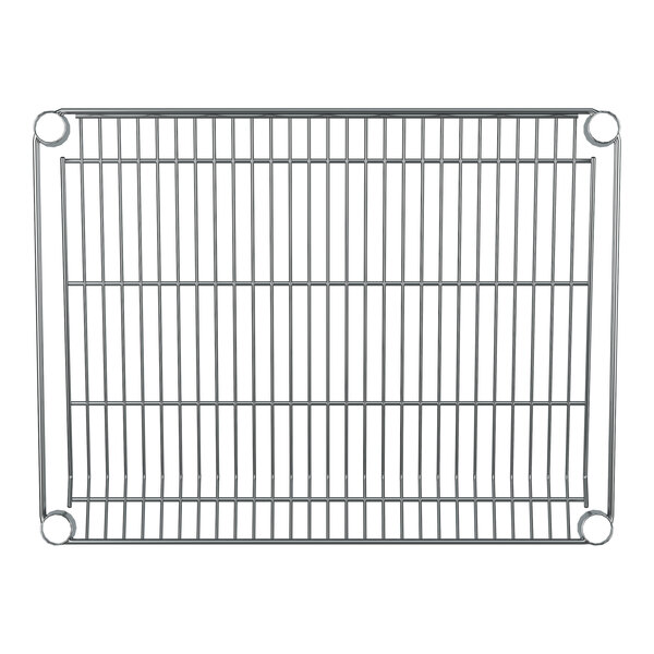 A close-up of a Regency chrome slanted wire shelf with a grid pattern.