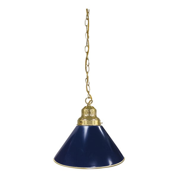 A Holland Bar Stool dark blue pendant light with brass accents on a chain.