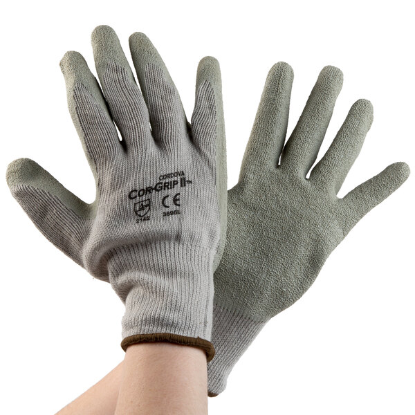 A pair of Cordova Cor-Grip II gloves with grey crinkle latex palms on a white background.