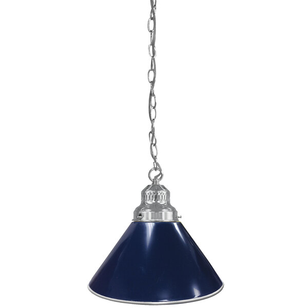 A dark blue metal pendant light with chrome accents.