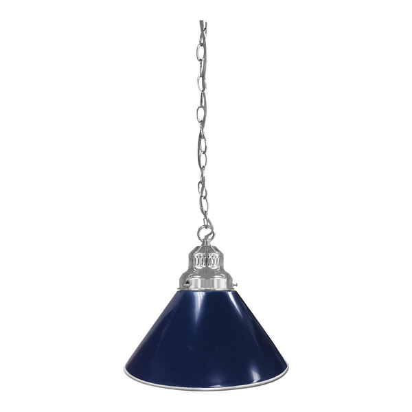 A dark blue pendant light with a chrome finish and chain.