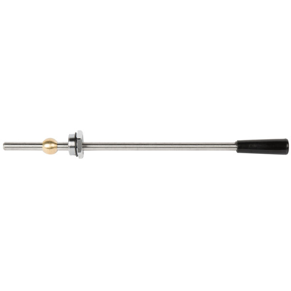 A metal rod with a black and metal ball on it.