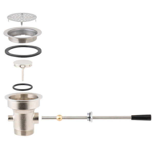 A close-up of a Regency stainless steel waste valve lever handle over a drain.