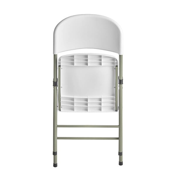 A white contoured injection molded folding chair with a gray frame and sage gray legs.