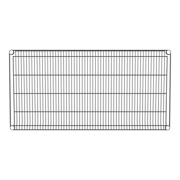 A black wire rack with metal rods.