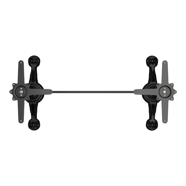 A black self-stabilizing cast iron table base with a central connecting rod and cross-shaped supports at each end.