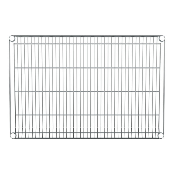 A close-up of a Regency chrome slanted wire shelf.