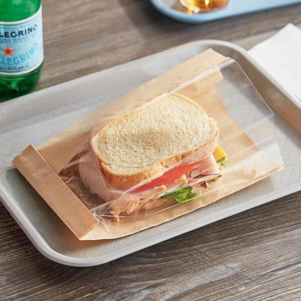 A sandwich in a Bagcraft Packaging Dubl View ToGo! plastic bag.