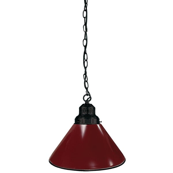 A red Holland Bar Stool pendant light with black trim hanging from a chain.