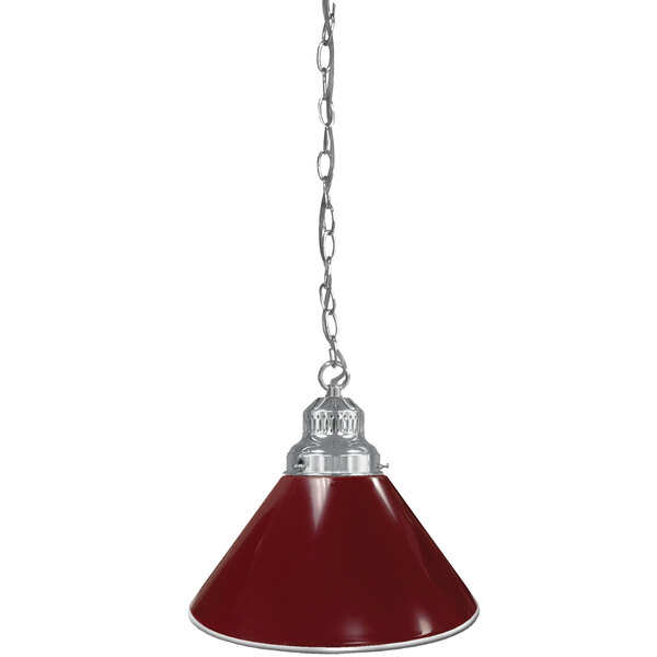 A burgundy metal pendant light with a chrome finish chain.