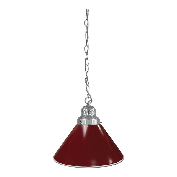 A burgundy pendant light with a chrome chain.