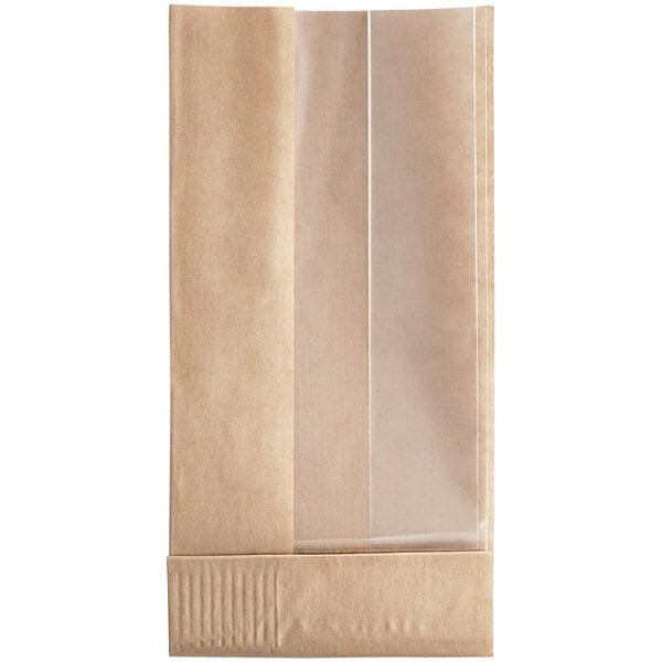 A brown Bagcraft paper bakery bag with a clear plastic window.