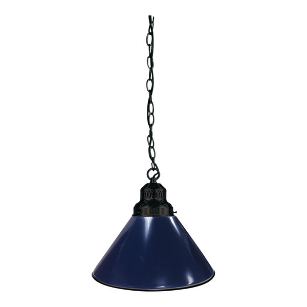 A dark blue metal pendant light with black trim hanging from a chain.