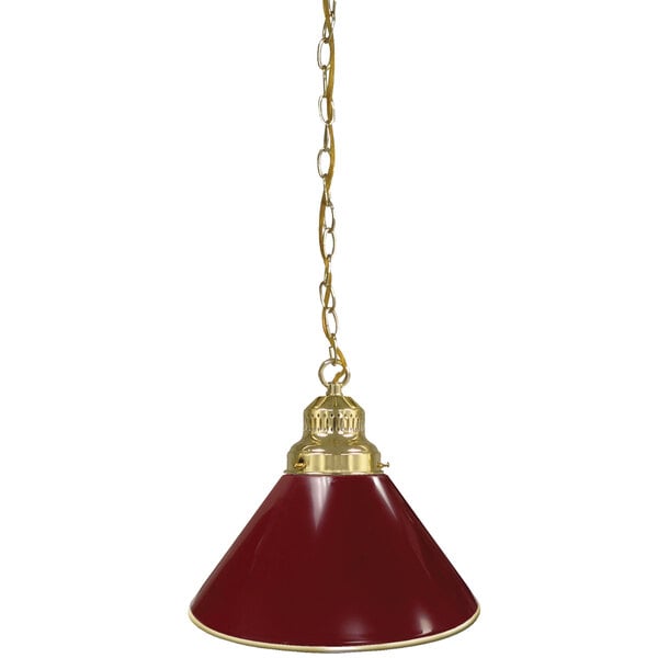 A Holland Bar Stool burgundy pendant light with a brass chain and lamp shade.