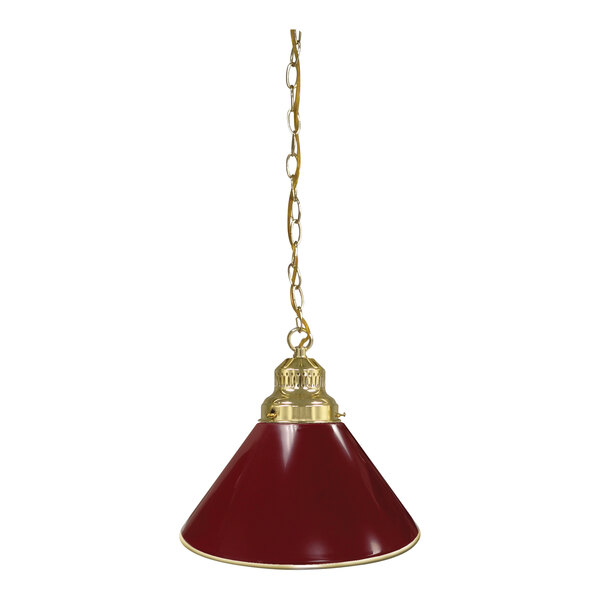A red and gold Holland Bar Stool pendant light with a chain.